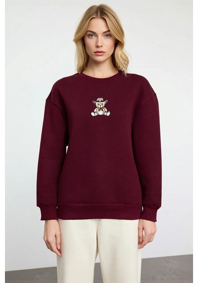 Benerly Kadın Bisiklet Yaka Düşük Kol Nakışlı Regular Kalıp Sweatshirt Fo Bordo