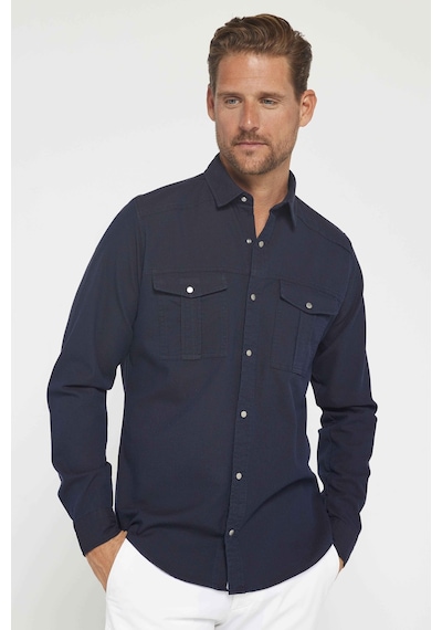 Tudors Erkek Slim Fit Uzun Kollu Spor Yaka Yıkamalı Çift Cepli Armürlü Denim Kot Lacivert Gömlek-31303 Lacivert