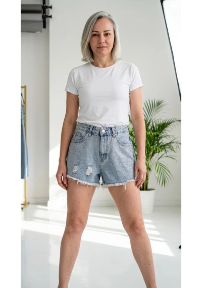 Byemelika Taş Baskılı Grj Denim Mini Şort Buz Mavi