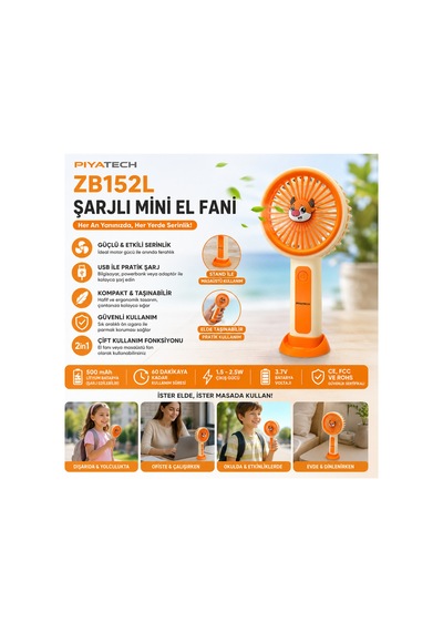 Zb152l Şarjlı Mini El Fanı Taşınabilir Masaüstü Vantilatör Sevimli Figürlü Standlı Turuncu