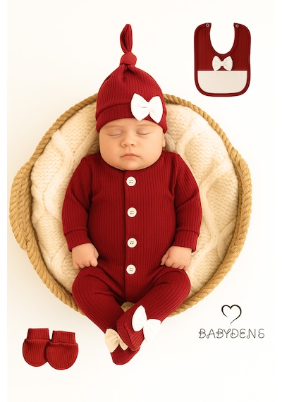 Babyden's 4 'lü Kız Bebek Fitilli Yenidoğan Bebek Tulum Seti %100 Pamuklu Hastane Çıkışı Bordo