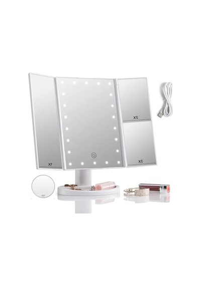 Led Işıklı Katlanabilir Makyaj Aynası Açık Bej