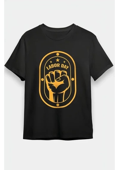Defymoda 1 Mayıs Labor Day Emekçi Temalı Baskılı Oversize Bisiklet Yaka T-shirt - Siyah