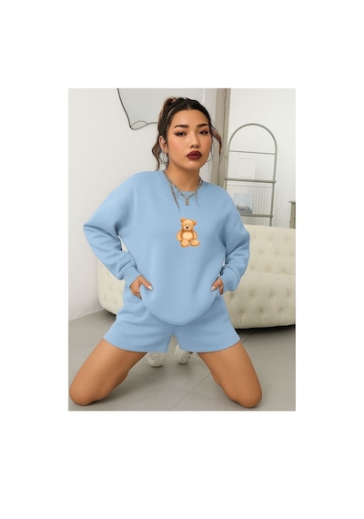 Benroma 3 İplik Penye Ayıcık Baskılı Unisex Sweatshırt Bebe Mavisi