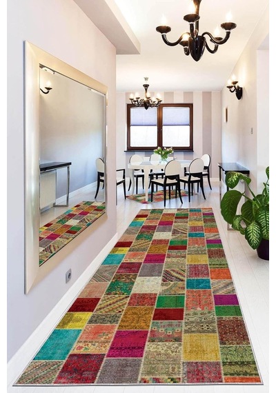 Kaymaz Tabanlı Kesme Rulo Yolluk Renkli Patchwork Ar320, Turuncu, 160 X 200 Çok Renkli