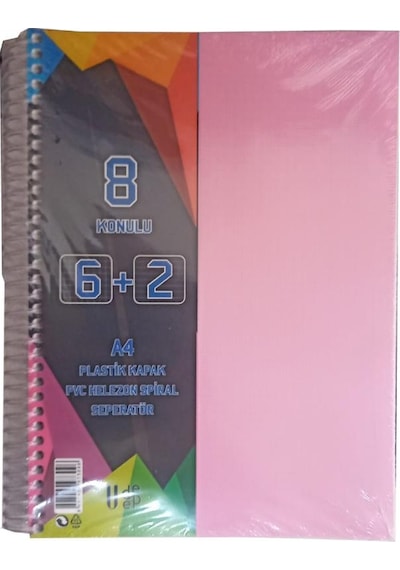 6+2 Ayraçlı Defter 8 Konulu 200 Yaprak 1 Adet 6 Kareli 2 Çizgili Spralli Plastik Kapak Seperatörlü Pembe