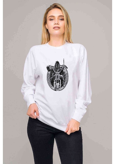 Motorsiklet Choppers Baskılı Beyaz Kadın Sweatshirt