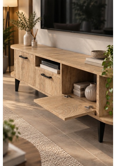 Sulorahome Bej Renkli Suntalam Tv Sehpası 160 Cm 3 Kapaklı Ve Raflı Yeşil