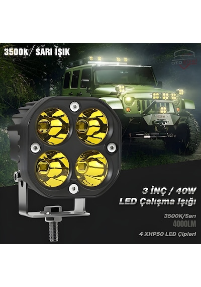 3 İnç 40w Kare Led Çalışma Ve Sis Lambası - 3500k Sarı Işık 4000lm / 4 Xhp50 Led