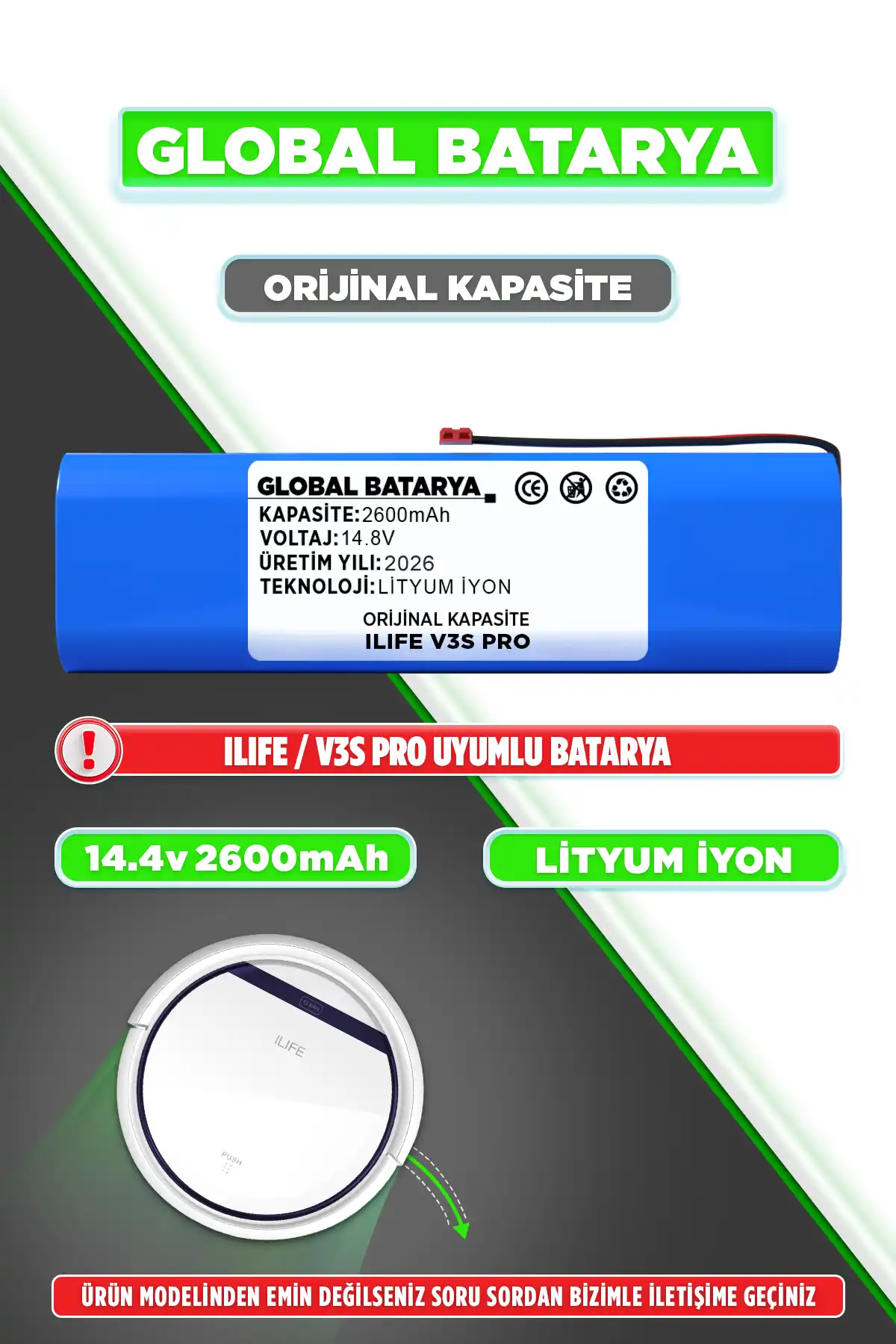 Ilıfe V3s Pro Uyumlu Robot Süpürge Bataryası 14.8v 2600mah Li-ion Pil  Kapasite