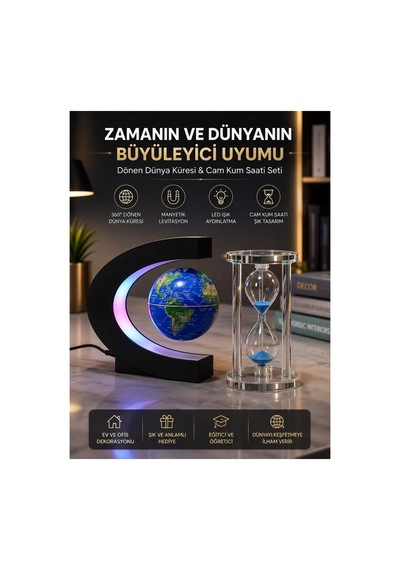 Led Işıklı Manyetik Havada Dönen Dünya Küresi Ve Kum Saati Dekoratif Ofis Masaüstü Hediye Seti Biblo