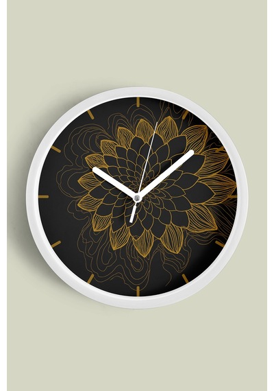 Mandala Tarzı Çiçek Çizimi Modern Duvar Saati - 42cm - Önü Camlı Beyaz Kasa - Sessiz Mekanizma Beyaz