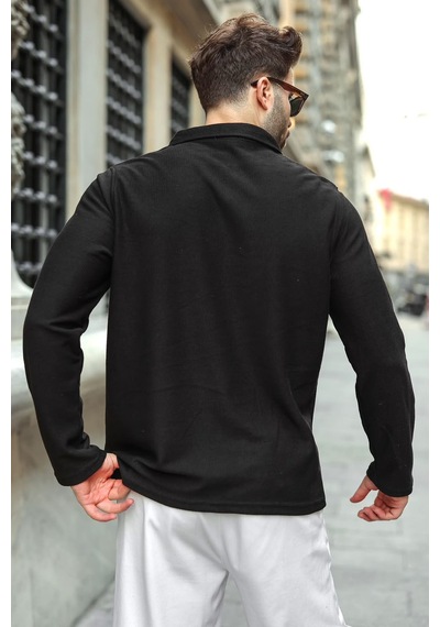 Madmext Siyah Gömlek Yaka Dokulu Regular Fit Erkek Sweatshirt E7203