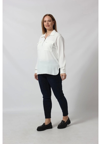 Moda Berray 3055 Yaka Fermuarlı Yandan Yırtmaçlı Gömlek Beyaz
