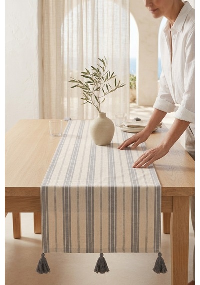 Gri Şerit Desenli Püsküllü Pamuk Runner Masa Örtüsü 40x110 Cm Gri