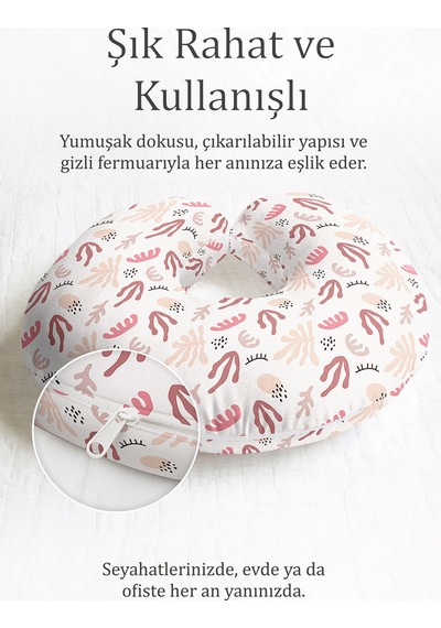 Soyut Pastel Desenli Boyun Yastığı - Modern Dalga Motifli Pembe Krem Seyahat Yastığı Metalik Yağmur Toprak