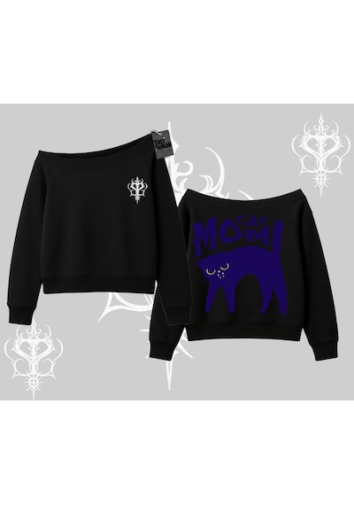 Startmore Cat Mom Yazılı Minimal Kedi Arka Baskılı Kayık Yaka Sweatshirt Siyah