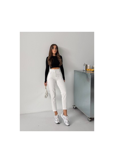 Blue Marlın Kadın Beyaz Patlet Düğmeli Kemer Büzgülü Mom Jeans Beyaz