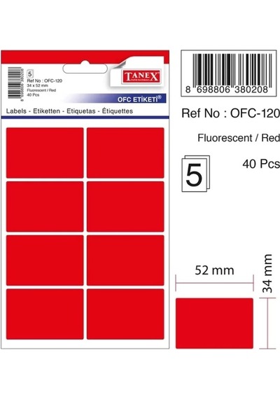 Tanex Ofis Etiketi Fosforlu Kırmızı 34x52 5 Yaprak 40 Etiket