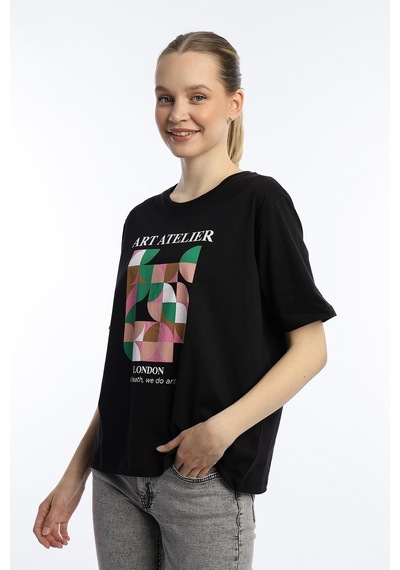 Kadın Art Atelier Baskılı Regular Fit Tişört Siyah