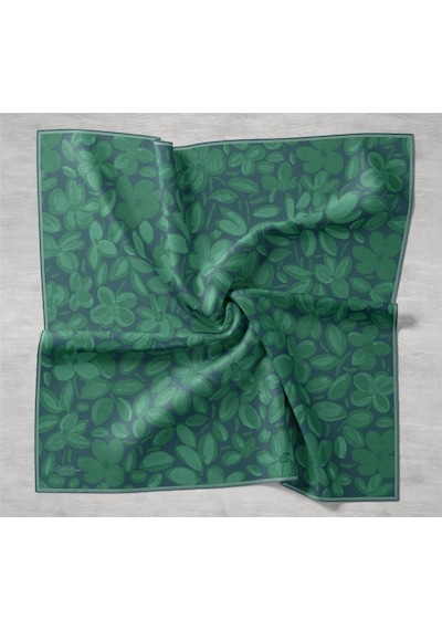 Silk Home Twill İpek Eşarp Koyu Yeşil Çağla Papatya Desenli Tok Duruşlu 90x90 Çok Renkli