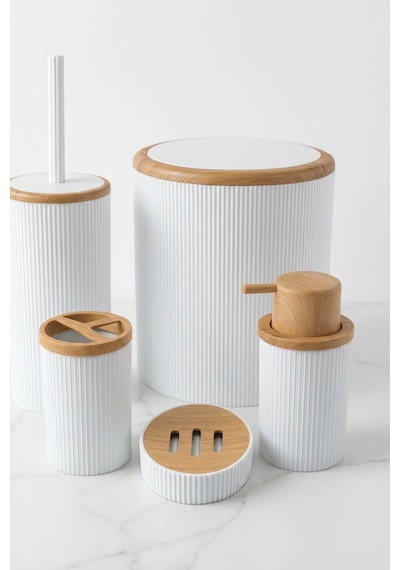Makri Home Beyaz Bambu Desenli 5 Parça Banyo Seti Çöp Kovası, Wc Fırçalık, Sıvı Sabunluk, Diş Fırçalık,sabunluk