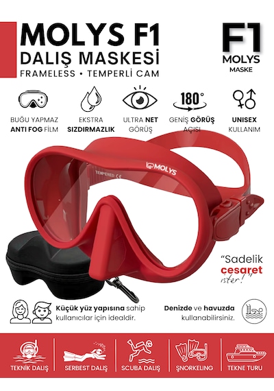 Molys F1 Pro Dalış Maskesi + Antı Fog Buğu Önleyici Film + Dalış Maskesi Kutusu Küçük Yüz Yapısı İçin İdeal Kırmızı