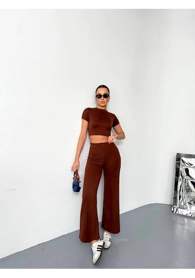 Valensdesign Osy Modal Yumuşak Dokulu Kumaş Kısa Kollu Crop Alt Ispanyol Paça Pantalon Ikili Takım - Kahverengi Valensdesign Osy Modal Yumuşak Dokulu Kumaş Kısa Kollu Crop Alt Ispanyol Paça Pantalon Ikili Takım - Kahverengi