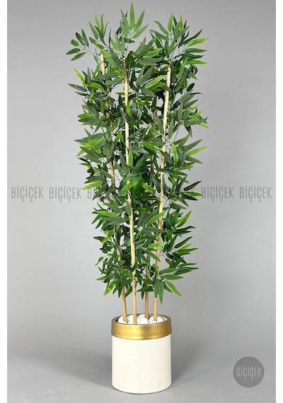 Yapay Bambu Ağacı 140cm Krem Gold Metal Saksıda Krem-gold