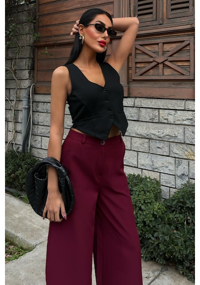 WeShaya Kadın Bordo Uzun Dokuma Bol Paça Pantolon Bordo