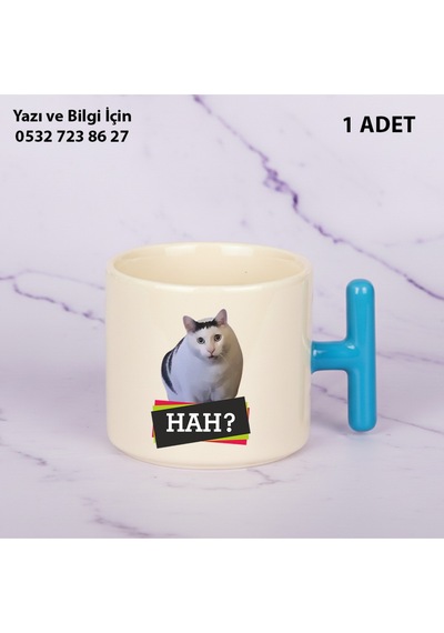 Beyaz Kedi Baskılı Kişiye Özel İsimli Hediyelik T Kupa Bardak-kedi Sevenler İçin Özel Hediye Mavi