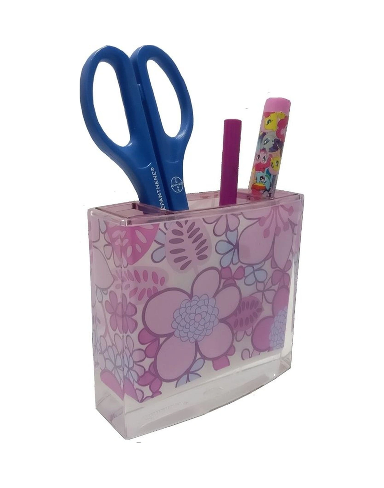 2 Adet Kalemlik Pembe Çiçekli Akrilik Ofis Gereci 10x10x3cm Çok Renkli