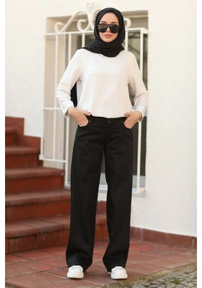 1056-Bol Paça Pantolon Siyah Çok Renkli