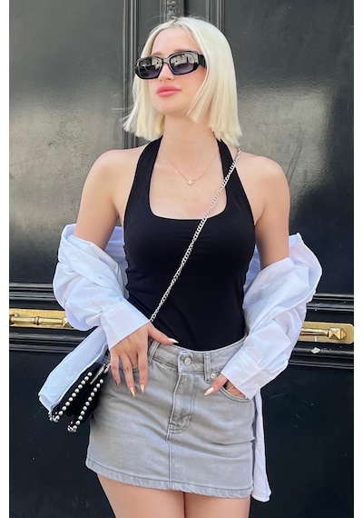 Madmext Siyah Halter Yaka Boyun Askılı Crop Body Mg2146-siyah Siyah