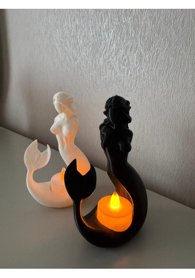 Deniz Kızı Tealight Mumluk 2 Li Siyah Beyaz Dekoratif Figür Ev Ofis Masaüstü Aksesuarı