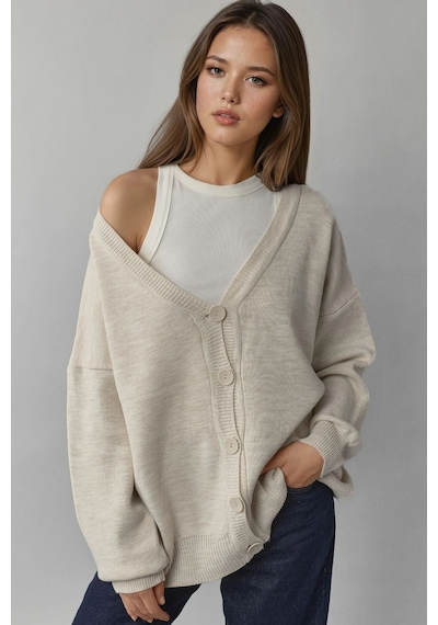 Hiccup My Fashıon Oversize V Yaka Düğmeli Triko Hırka Taş Doğal