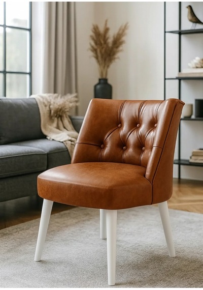 Waterybrook Berjer Sandalye - Kapitoneli Suni Deri - Beyaz Ahşap Ayaklı - Retro Modern Tasarım Taba