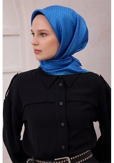 Belli Tivil Saf İpek Eşarp 4203 - 36 Mavi Geometrik Desen Mavi