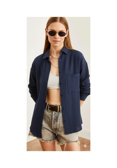 Thiff Gymwear Kadın Oversize Basic Cepli Müslin Gömlek Lacivert