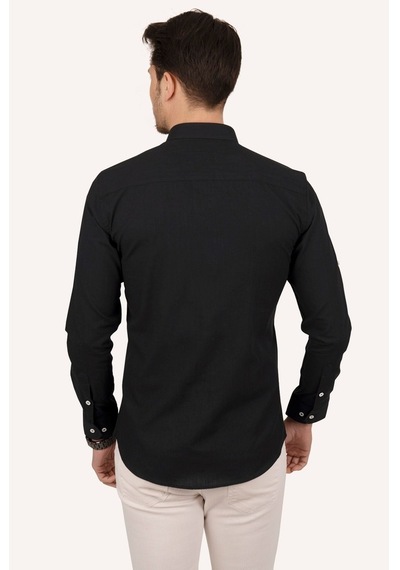 Erkek Siyah Yaka Düğmeli Keten Slimfit Kutulu Gömlek Siyah