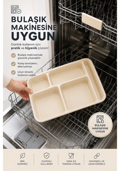 5 Bölmeli Bpa İçermez Lüks Plastik Piknik Yemek Servis Tabağı-tabldot Servis Tabağı Krem -21 31 3,5 Cm