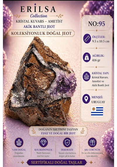 Sertifikalı Kristal Kuvars Ametist Akik Bantlı Jeot Doğal Taş Kol 40051310