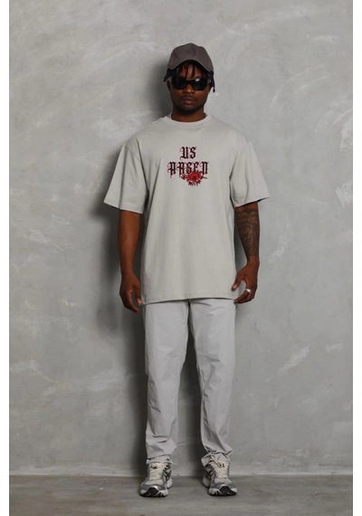 Freedom Storee Erkek Kısa Kol Yazlık Tişört Bisiklet Yaka Baskılı Oversize T-shirt - Gri Çok Renkli