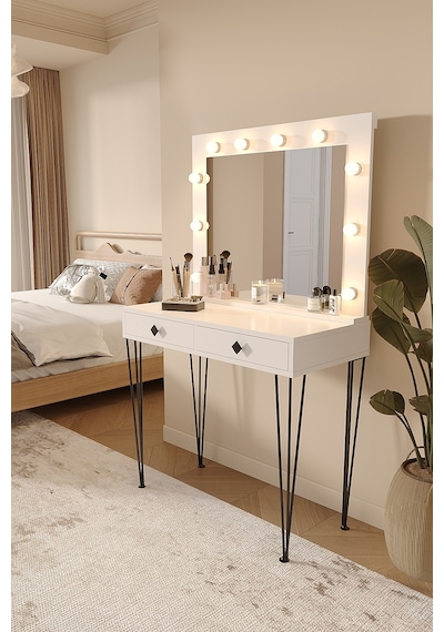 Df02122 Hollywood Aynalı Işıklı Makyaj Masası Çekmeceli Modern Kozmetik Bakım Ve Tuvalet Masası Beyaz Df02122 Hollywood Aynalı Işıklı Makyaj Masası Çekmeceli Modern Kozmetik Bakım Ve Tuvalet Masası Beyaz