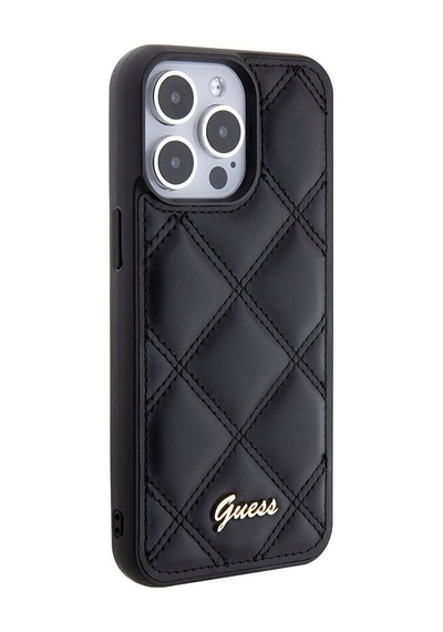 Apple Uyumlu iPhone 15 Pro Max Kılıf Guess Lisanslı Pu Deri Metal Yazı Logolu Kapitone Kapak Siyah