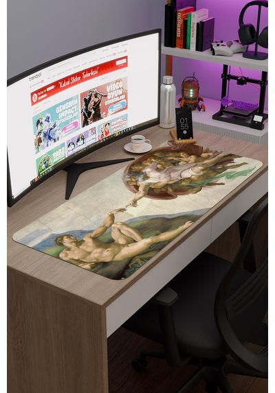Ademin Yaratılışı Tablo Michelangelo V3 90x40 Xxl Gaming Kauçuk Kaymaz Taban Mouse Pad Fare Altlığı