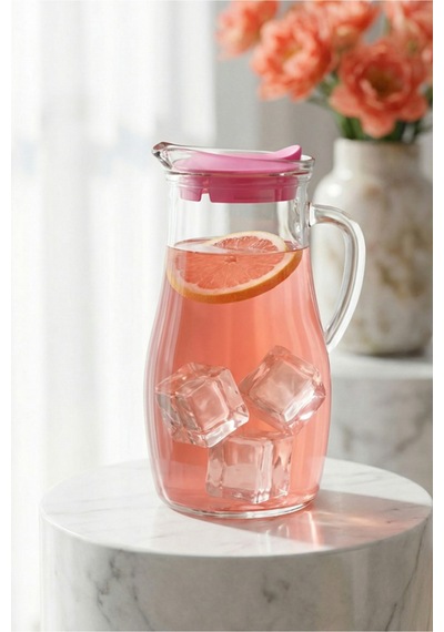 Lav Misket Cam Sürahi Tekli 1,8 L Kulplu Pembe Plastik Kapaklı