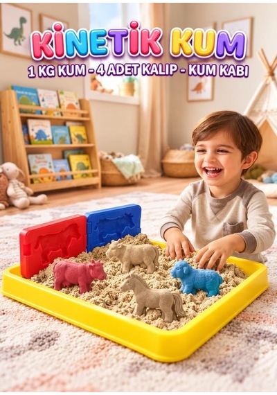 Çiftlik Hayvanları Kinetik Kum 1000 Gr 6 Adet 3d Kalıplı Ve Kum Havuzlu Kurumaz Oyuncak Kum Seti