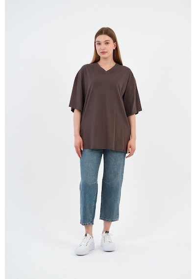 V Yaka Oversize T-shirt E24-742a-wn Kahverengi