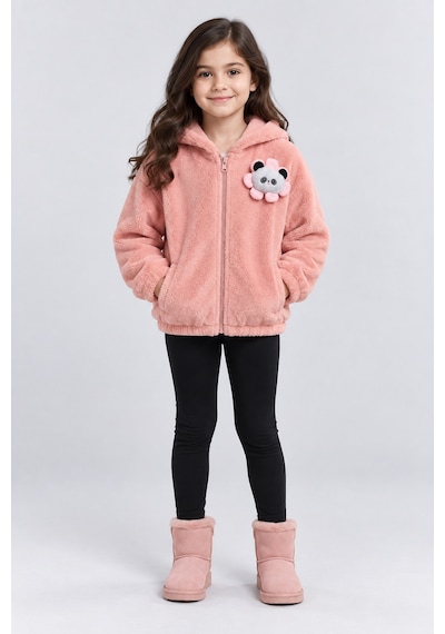 Ahengim Kız Çocuk Peluş Kapüşonlu Fermuarlı Mont Panda Aksesuarlı Yumuşak Dokulu Kışlık Ceket Ak4126 Pembe
